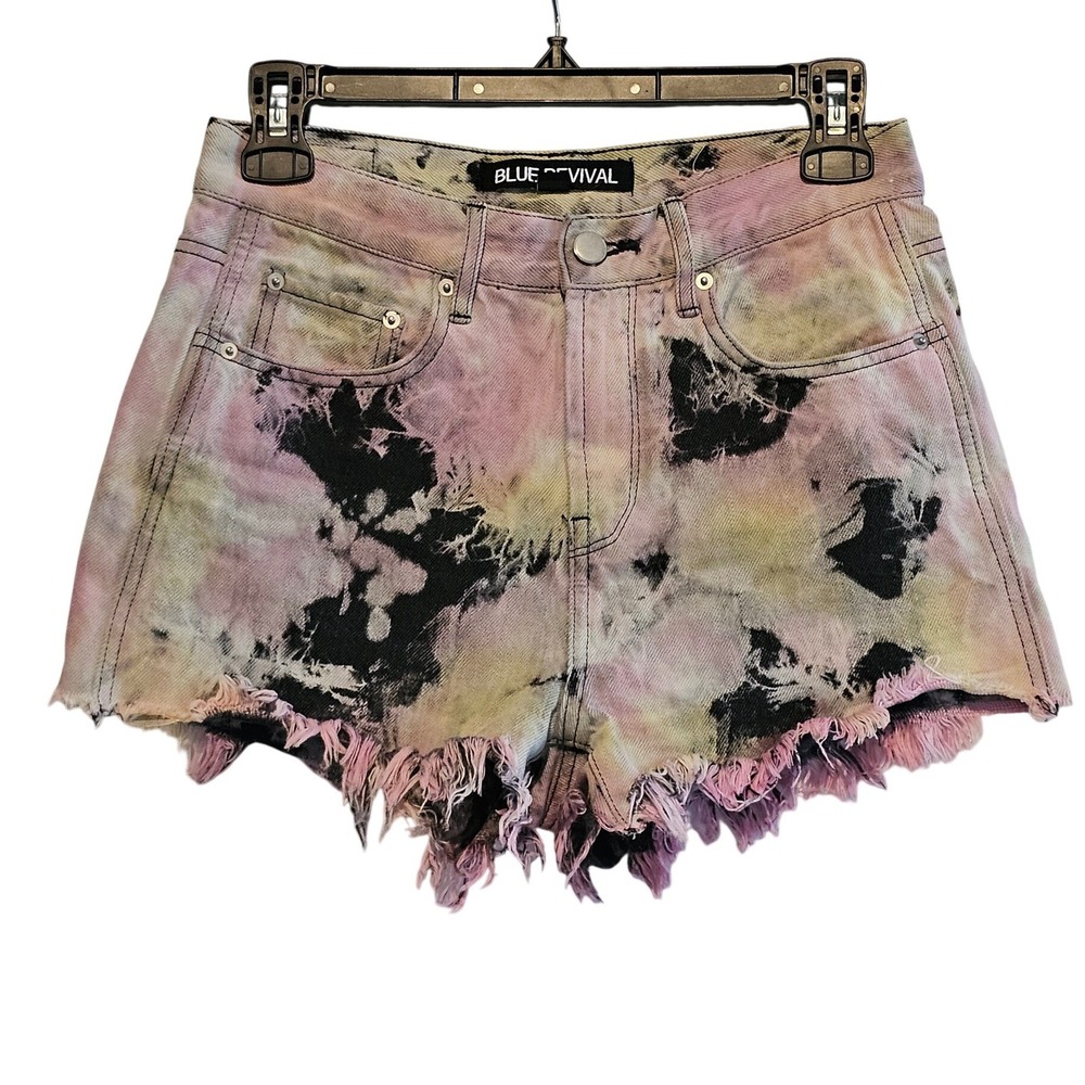 BLUE REVIVAL Womens Tie Dye Cutoff Denim Shorts Pink‎ Black Yellow Size 25